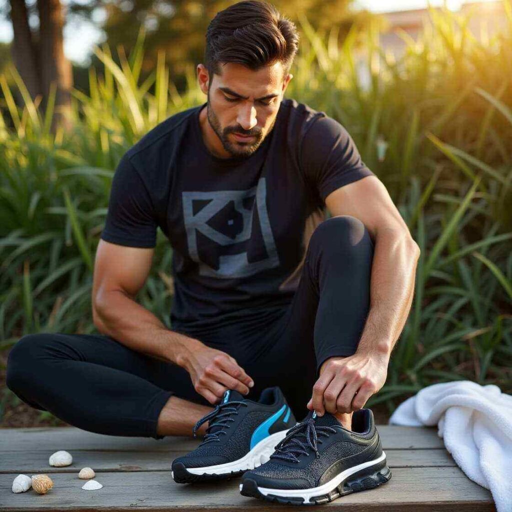 A man tying a running shoes